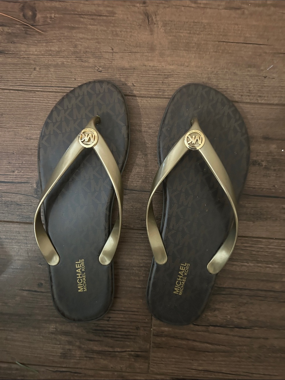 Michael Kors Brown/Gold Logo Flip Flop Sandals
